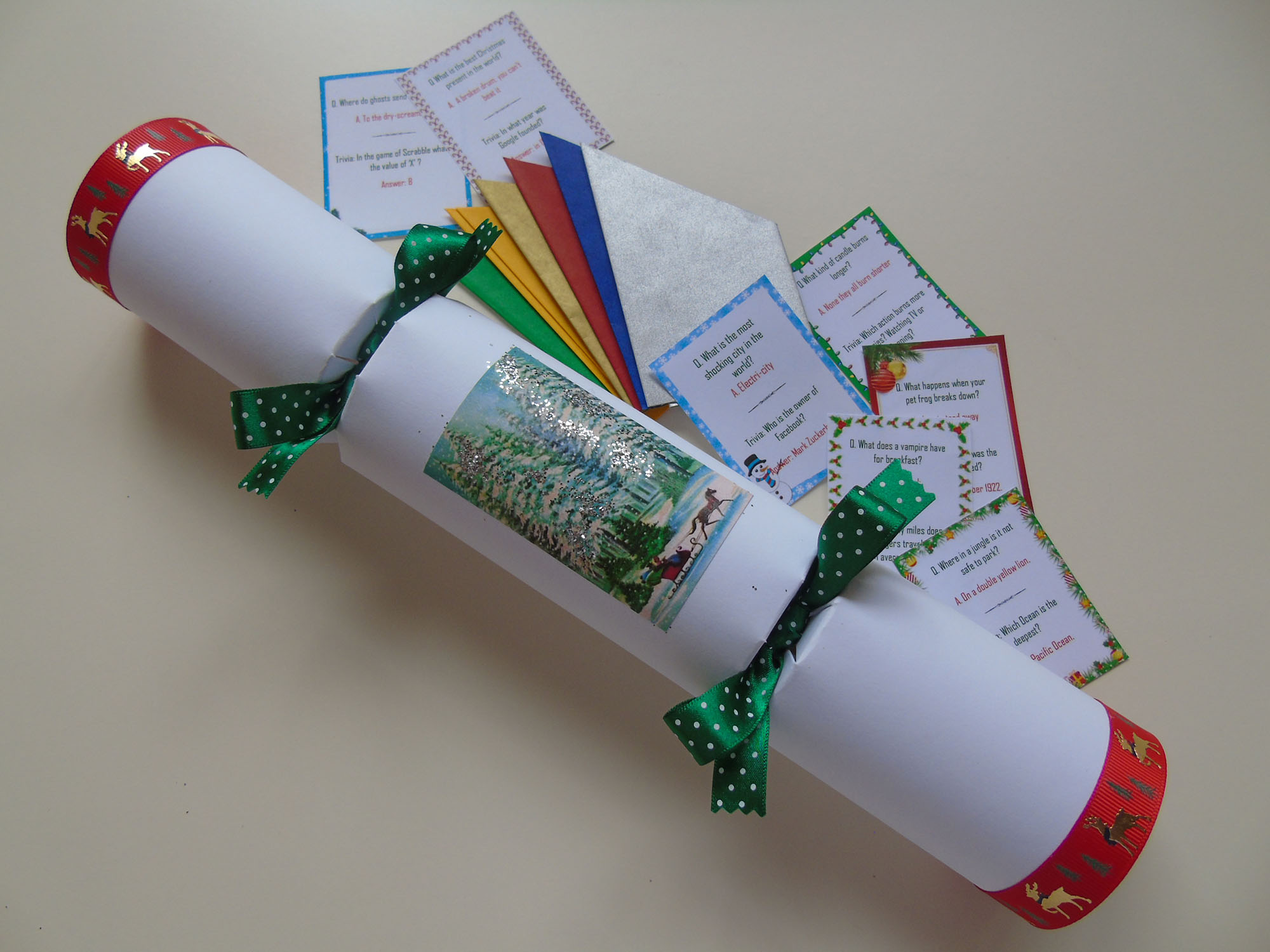 a singler christmas cracker with a wintery central image including hats and jokes
