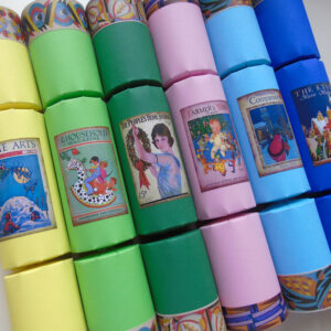 six empty colourful festive edition Christmas crackers.