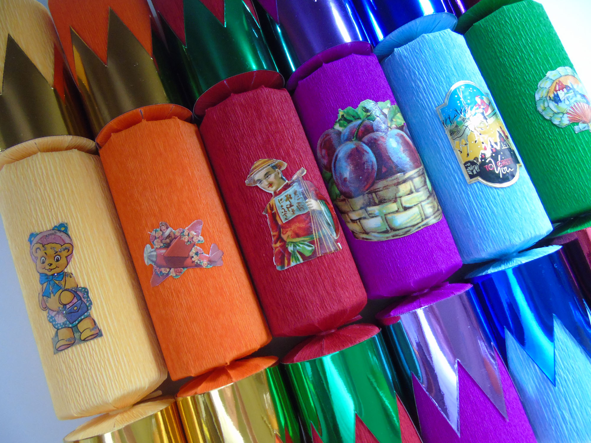 Colourful Crepe Paper covered Crackers with a vintage embellishment